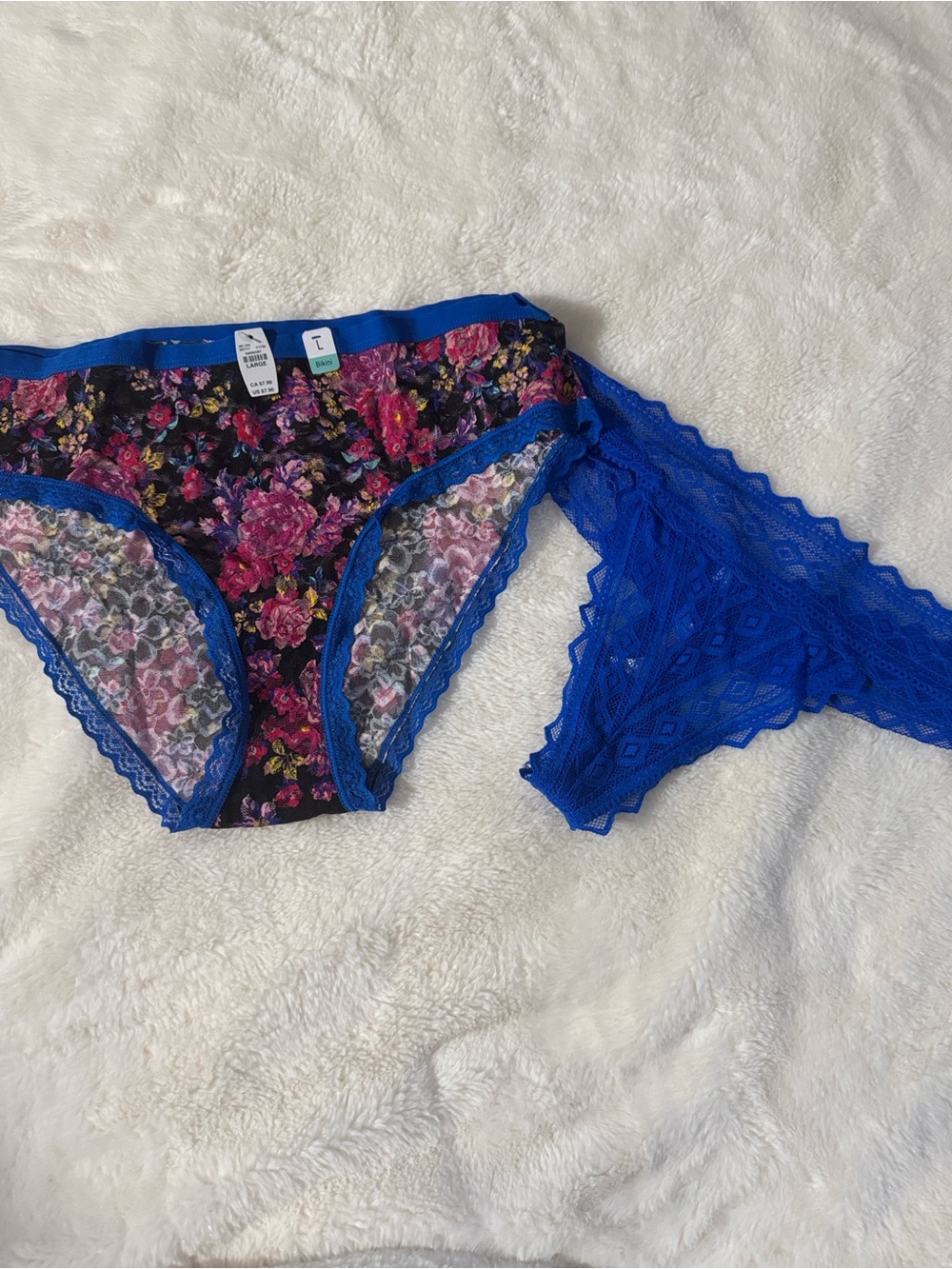 Victoria's Secret Black Floral Bikini with Bright Blue Lace Thong Set